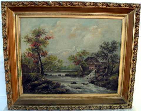 American School O/C Fall Landscape: Depicts mill on flowing stream in early fall. Retains original gilt and gesso frame. Unsigned. 22 1/4" x 17" Overall size with frame 28" x 23"