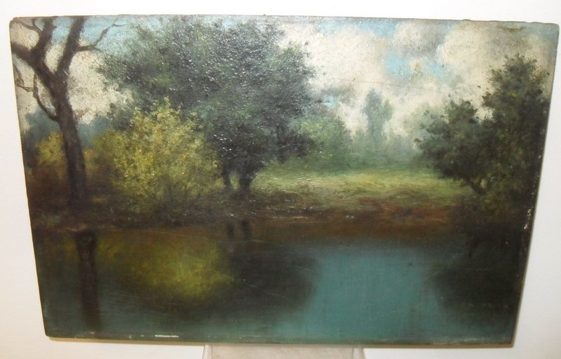 Barbizon School Summer Landscape: Barbizon School Summer Landscape O/B Signed lower right hand corner L L Duncan illegible date. 8" x 12" Old gilt and gesso frame.