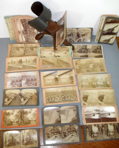 1890's Stereopticon Viewer With Cards: 1890's Stereopticon Viewer With 35 Viewer Cards 35 photo cards, McKinley Funeral (6), California logging and places of interest, Niagara Falls, Columbia Exposition, Washington and New York City.