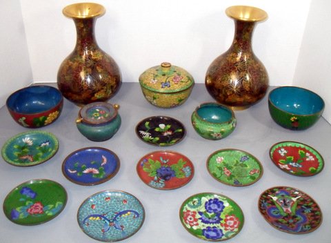 17 Piece Chinese Cloisonné Collection: Bulbous floral vases, covered dishes, open bowls and 4" diameter saucers.