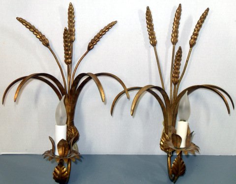 Mid Century Art Metal Candle Sconces: Pair of Mid Century Gilded Art Metal Sheaf of Wheat Candle Sconces Pressed and cast metal with gilded bronzed finish. Electrified and ready for current use. 15" tall x 11" wide.