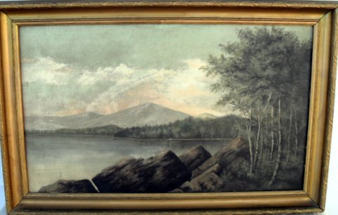 O/C of Lake Scene: As found from Falmouth attic. 25 1/4" x 15". Overall size with frame 28 3/4" x 18 3/4"