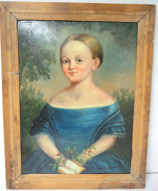 Primitive Portrait of Young Girl Oil On Board: 1830s to 1850s era. Portrait unsigned. 18" x 24" sight; 22 1/2" x 28 1/2" overall dimensions.