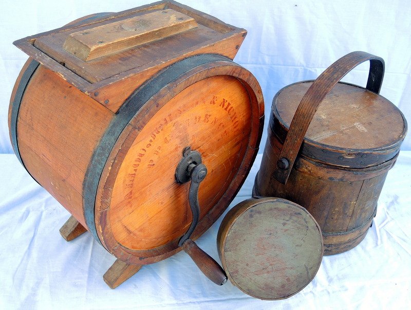Colonial American Kitchen Wooden Ware (Stenciled): Drum butter churn, lap constructed sugar firkin, small round old paint pantry box