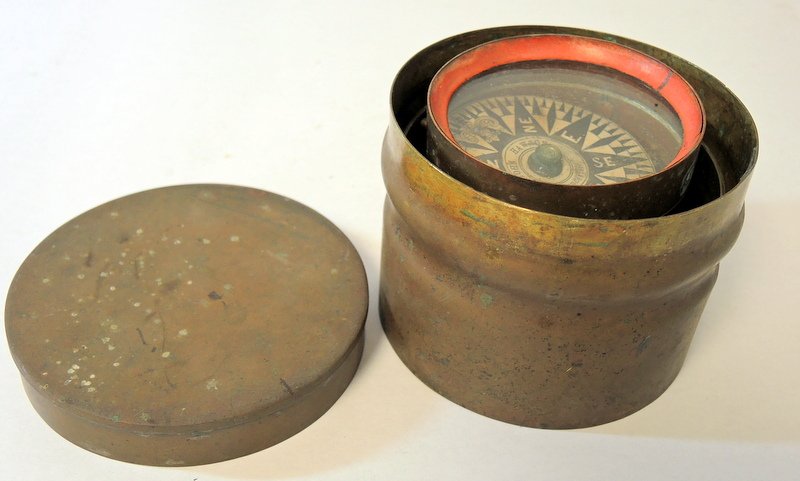 Rare Brass Marine Gimbaled Compass: Dry compass with original papered dial marked John Hanson, Gloucester. 4 1/2" diameter x 4" tall