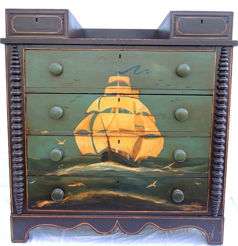 Victorian Pine Nautical Decorated Four Drawer Chest: 1860's era pine cottage spool chest with later hand painted clipper ship decoration. Artist signed S. Nolan. 36" wide x 18" deep x 39" tall.