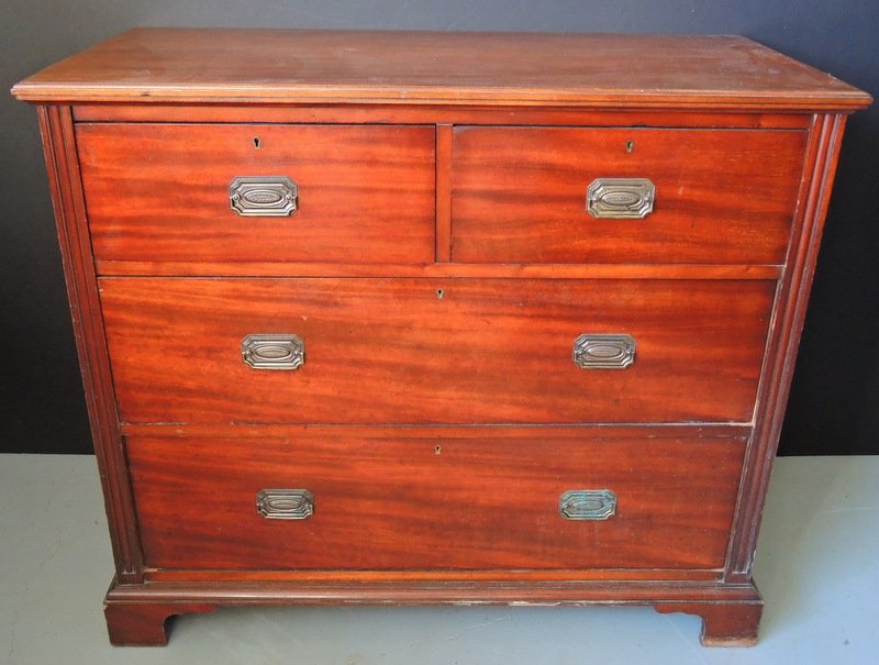 Chippendale Mahogany Bracket Base (Islands Chest): Circa 1850's Probably constructed in Bermuda or Caribbean Island location. Mahogany and cedar primary and secondary woods, two over three drawer design with original hardware. 45" wide x 38" tall x 22
