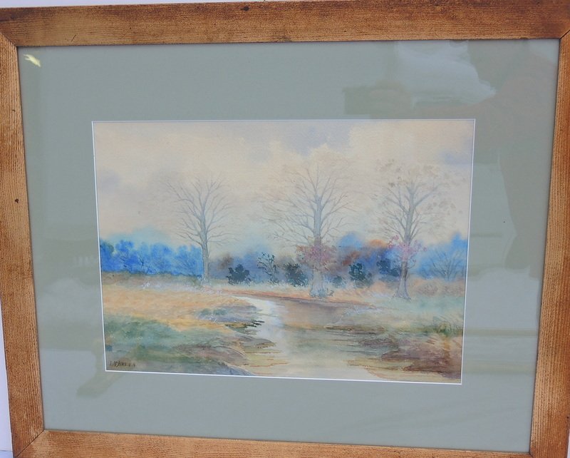 Watercolor James T Breen (Boston): Colorful late fall landscape with meandering stream. In original gilded hardwood frame. 19 3/4" x 14". Signed lower left. Overall 31 1/2" x 25 1/2" Breen studied in France and Boston and was born in B