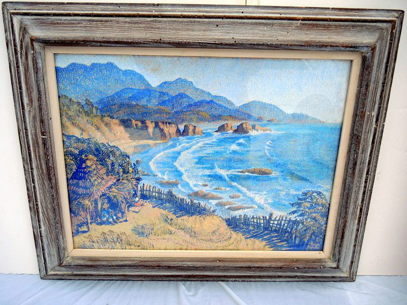 Mahlon Blaine (1894-1970) Watercolor - California: Original limed oak distressed frame. 19 1/2" x 14 1/2" sight. Overall 26" x 21". Unexamined out of frame