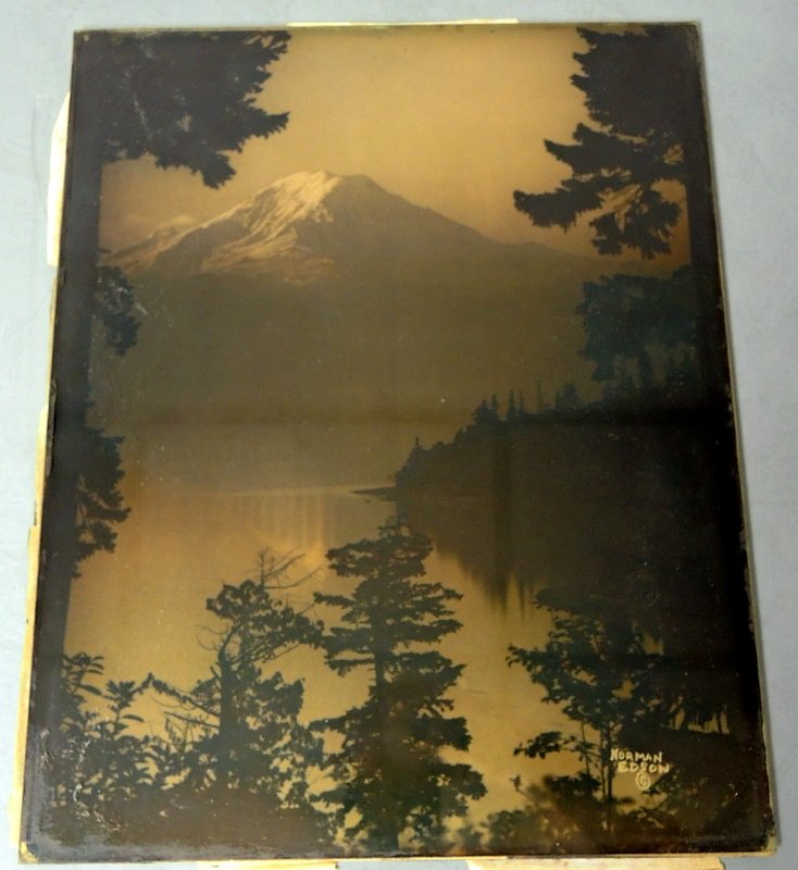 Rare Norman Edson Glass "Gold Tone" Photo: Depicts Mt. McKinley, signed lower right. Original wood frame
