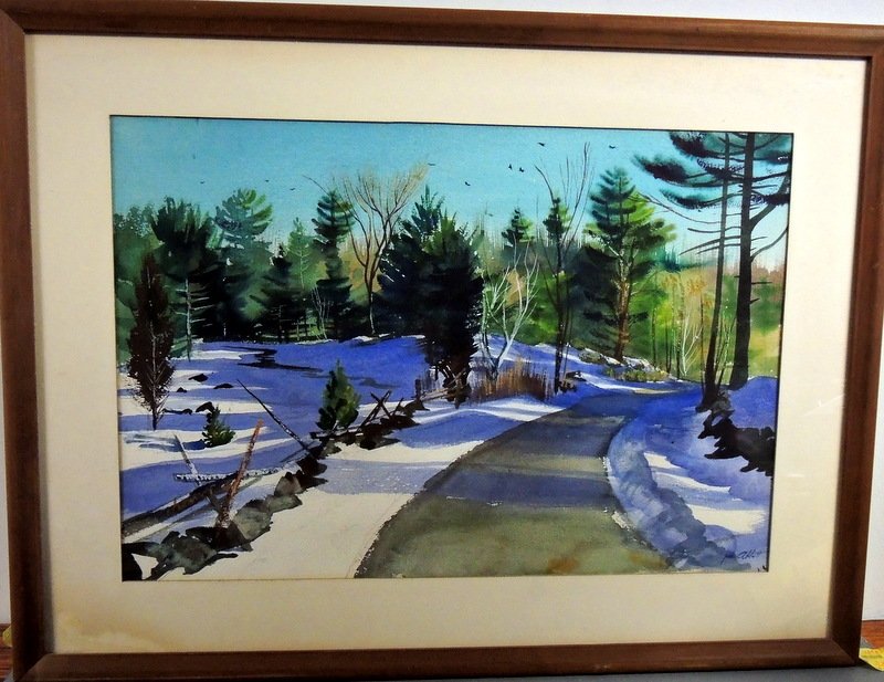 Ahearn Martin K. (1918-2009) Watercolor of New England: Rockport School rendition of wintry landscape. Signed lower left, dated 1955?. Unexamined out of frame. 21 1/2" x 14 1/2" sight, overall dimensions 28 1/4" x 21 1/4"