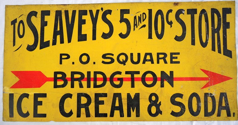 Rare Maine Tin Direction Advertising Sign: Tin sign retains original yellow background with red and black lettering. For Seaveys 5 and 10Â¢ Store Bridgton Me 12" x 24"