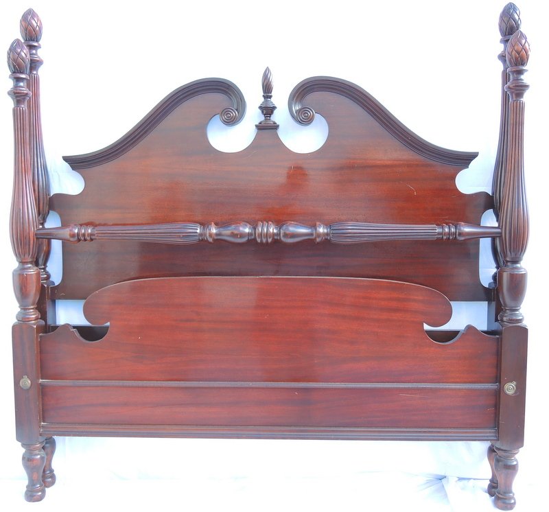 Colonial Revival Custom Mahogany Bed: Choice mahogany broken pediment arch headboard with flame finial and carved reeded posts.