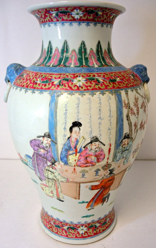 Chinese "Tong Chi" Period Porcelain Vase: 1860's era baluster form with enameled and hand applied decoration to surface. Marked on underside with red stamp and old paper label. 16 1/2" tall