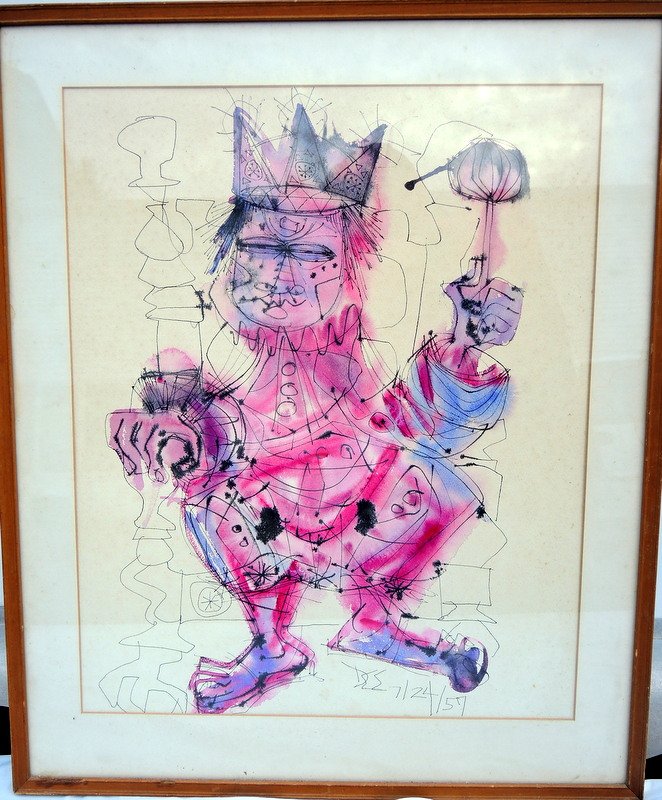 Mid Century Ink and Watercolor Drawing of Merry Making: Signed DEE 7/24/57 -Dick Eric Erickson. Born 1916 New York. 21" x 17" sight. 26" x 22" overall dimension. Unexamined out of frame