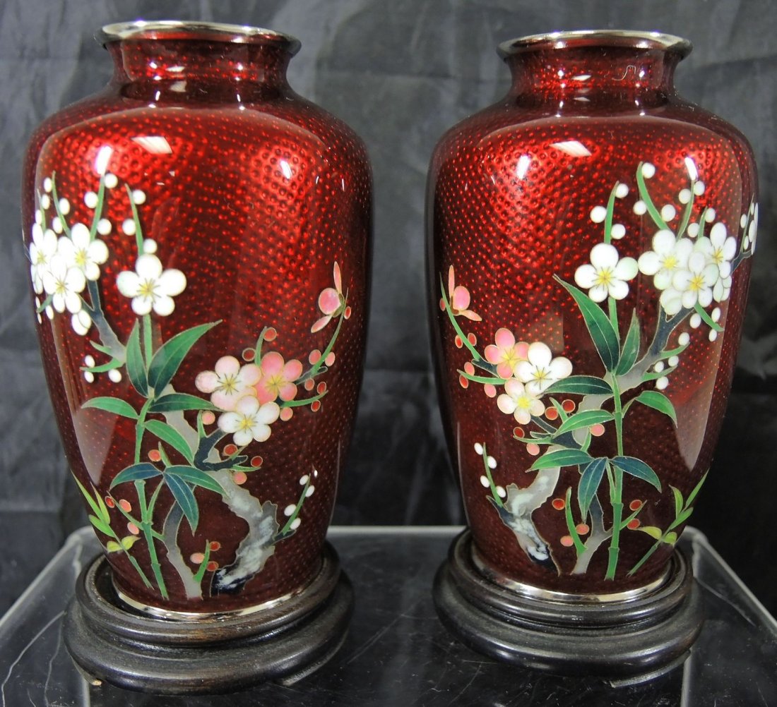 Japanese Ginbari Pigeon Blood CloisonnÃ© Cabinet Vases (1 of 5)