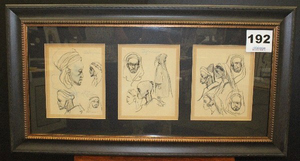 Rex Igram originals: Ingram originals, set of three based on conversation about Arabic North African types. France, 1923. Framed 44"W x 24"H