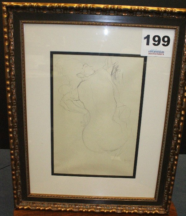 "Feminine back act to the right": After Klimt, piece from a portfolio of unbound Lithographs in French fold Chemise and lipcase. Printed on special handmande paper. Stamp signed in plate "Gustav Klimt". Circa 1964 Austria. Framed 24"W