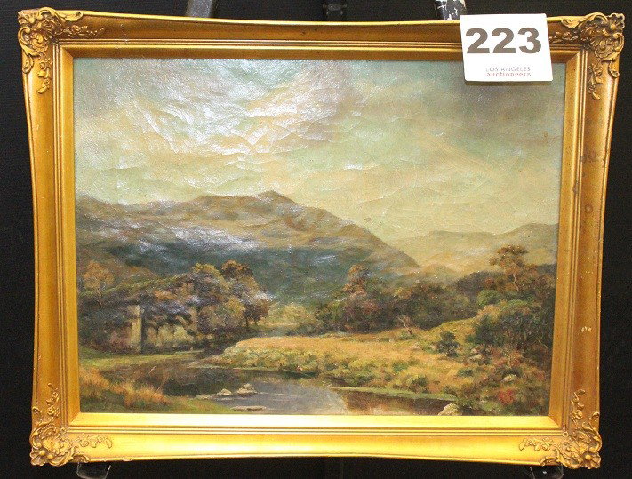 Original antique european landscape oil painting: Original antique oil painted signed and numbered by artist. Framed by infamous frame maker John Bryce Smith (b. 1883-1921), original stamping on back of canvas. Framed 27"W x 21.5"H