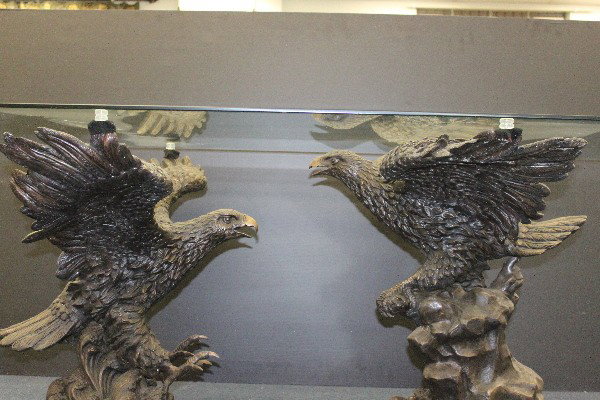Double Eagle Bronze Dinning Table after Barye: Bronze double eagle base with beveled glass top. Signed after Barye on bronze plate with limited edition markings. Eagle Bronze Base Dimensions: W 35" x L 55" x 30" H; Glass top 72" x 42"