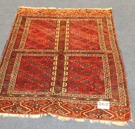 Antique Yamut Prayer Rug 49"x 65": Yamut (hachley design) prayer rug, made in Turkaman, wear and tear, border areas slight damaged