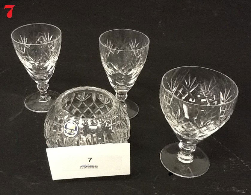 4 Piece Crystal Set: 2 crystal glasses with 2 candy dishes, Thomas Webb made in England, one glass has small chip on rim but otherwise in good condition