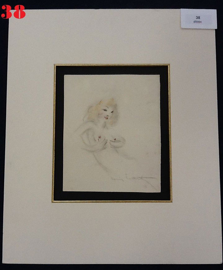 Louis Icart "Pale Areola": Original watercolor on paper 1945 signed by artist Louis Icart unframed 20"W x 44"H, slight spotting on paper but otherwise in excellent condition.