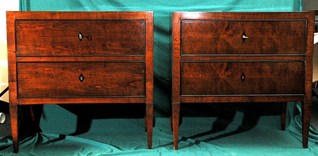 Pair of Italian Drawer Tables Directory Style by Wi: William Switzer , Hand crafted Biedermeier style Two drawer chest in Cherrywood, dimensions: 35.5" W x 19" D x 35.5"H. Made in Italy. Minor scratches on the surfice & minor dents on corners, varnish h