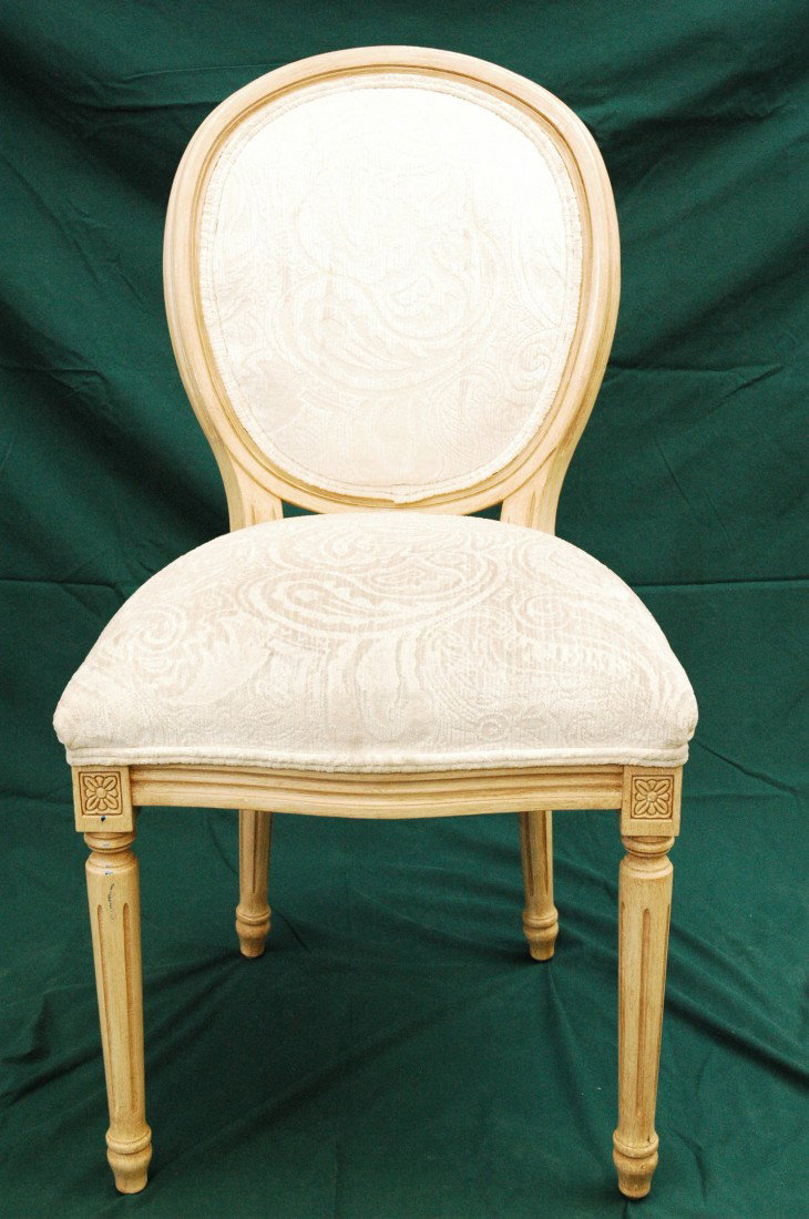 Collection of Two Chairs: Wood Frame, upholstered seat & back. Finish in dark cream. Dimensions: 19"W x 18"D x 37"H, Seat in Brown Leather (some scratches) , wood frame back finish in dark expresso (frame presents some dents a