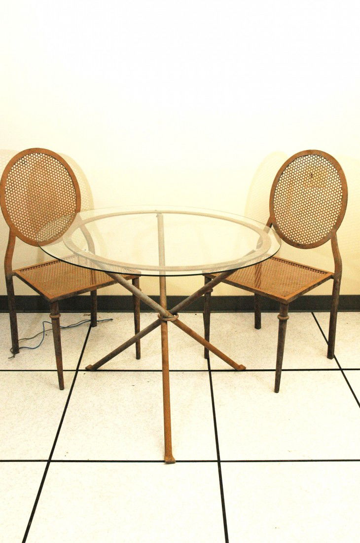 2 Garden chairs and Table: 2 Garden chairs and Table, table iron base with glass top 36" diameter