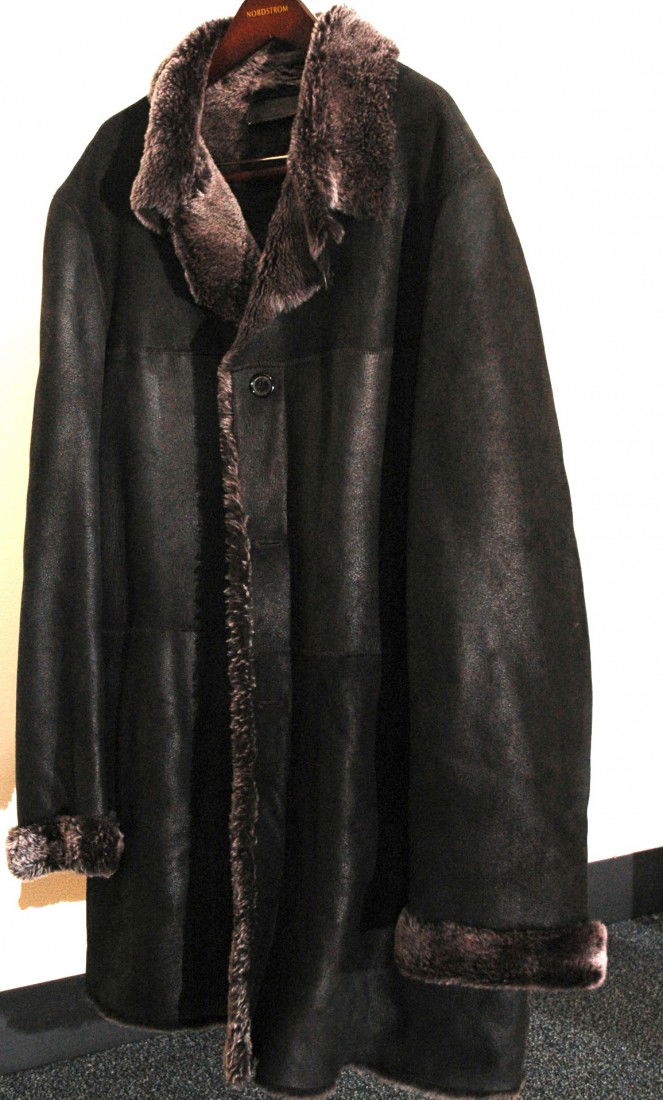 Collection of two Prada Mens Jackets: Prada brand black knee length sheepskin jacket with fur collar and cuffs size large,