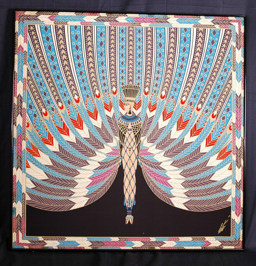 Erte "The Nile" Silkscreen on Silk: Erte "The Nile" silkscreen on silk signed lower right in print. Estimated retail value on certificate dated 2008 is $2,700. 35.5" X 35".
