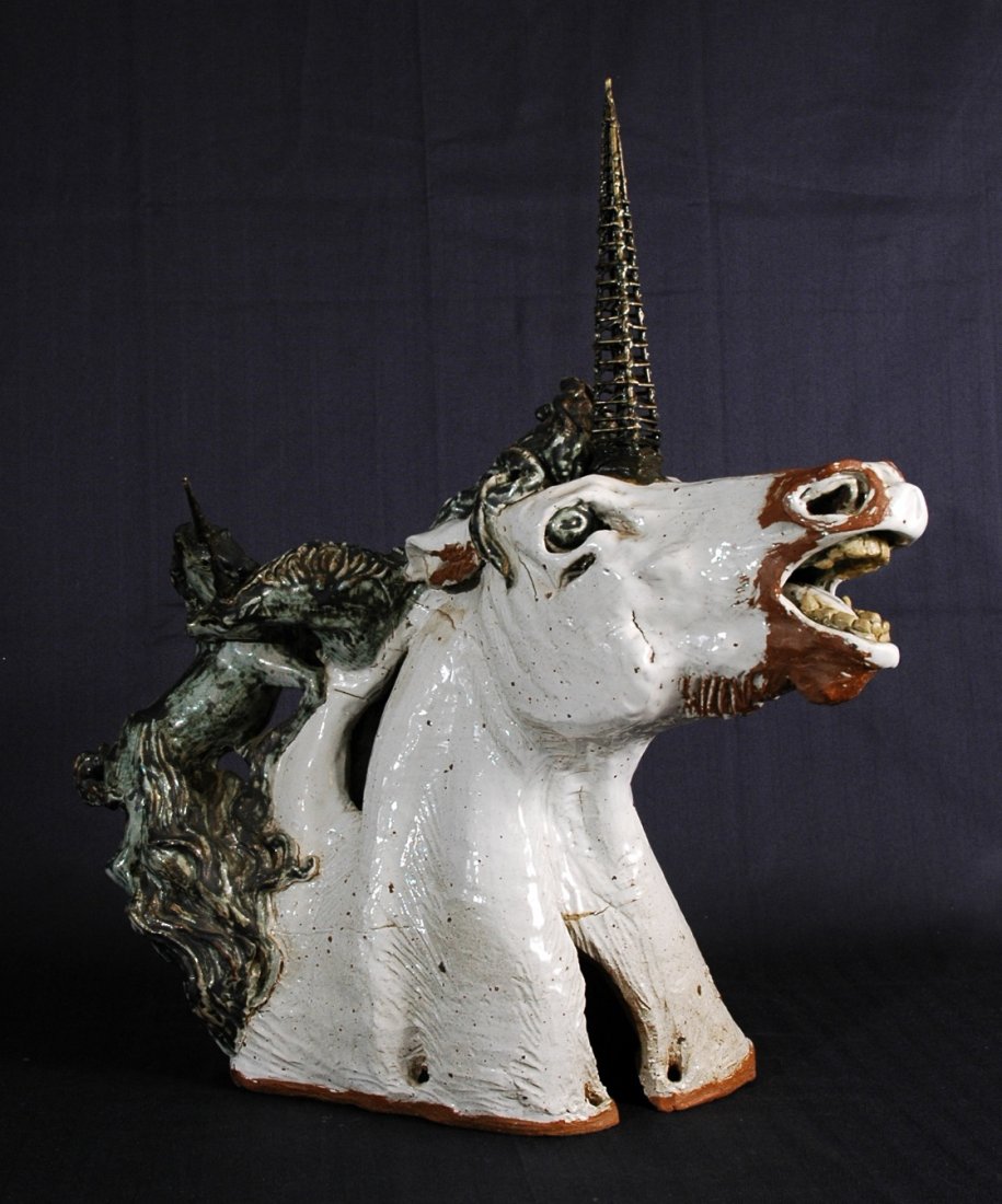 Maria Leon Glazed Ceramic and Metal Unicorn Sculptu: UNICORN, glazed ceramic and metal sculpture, signed, 17" tall (24" including horn) and 22" wide.