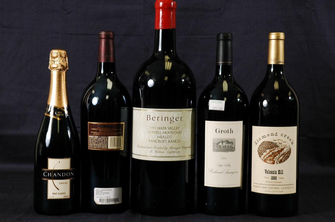 Collection of Five Bottles of Wine and Champagne: Collection of 5 bottles of wine and champagne. Beringer 1991 Napa Valley Howell Mtn Merlot Bancroft Ranch 3 Liter bottle, 1997 Joseph Phelps Insignia Cabernet Sauvignon 1997 150cl, Groth 1994 Napa Val
