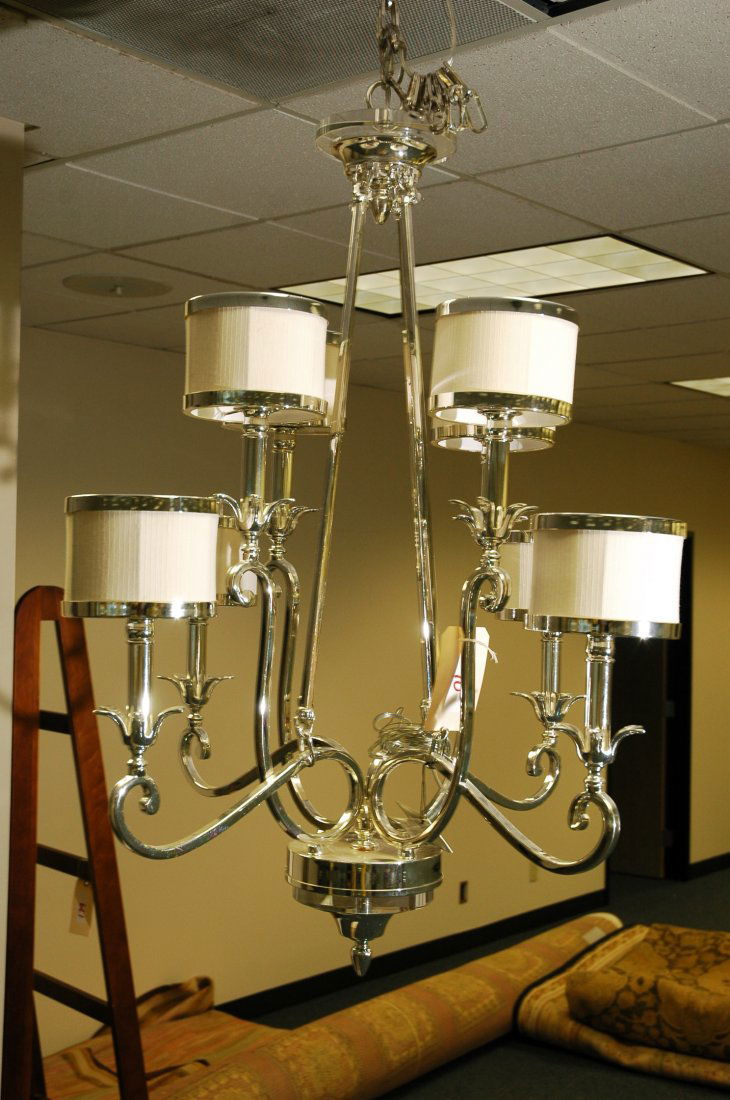 Chandelier: Electric 8 socket chandelier polished stainless steel and glass, Alexander John