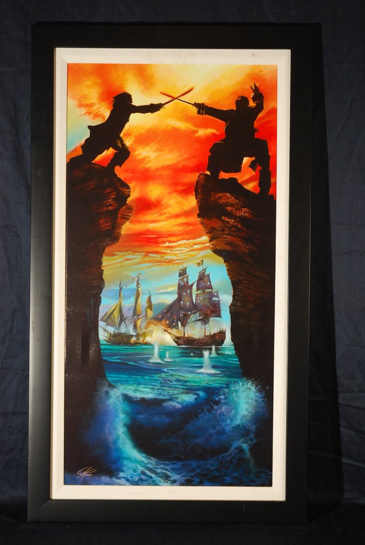 John Rowe "Caribbean Duel" Hand signed: John Rowe Disney's Pirates of the Caribbean "Caribbean Duel" Giclee on canvas hand signed form the GP edition of 195. Framed 41.5" H x 23.5" W