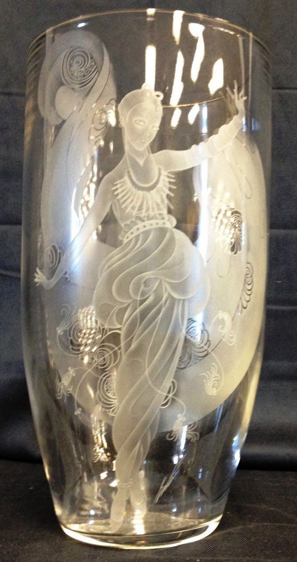 Erte' Dreamgirl Limited Edition Glass Vase 2004: "Description: Hand Carved 24% Lead Crystal Vase, from an early design in gouache. Artist: Erte' (Romain De Tirtoff) Title: Dreamgirl Edition: 99 signed and numberd Dimensions: 14"" h. X 7"" w "
