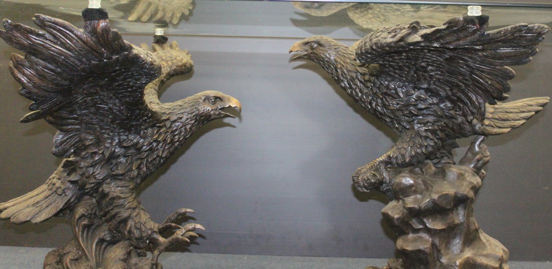 Double Eagle Bronze Table: Beautiful table with glass supported by two bronze eagles. One of a kind! 55" x 35" glass 72" x 48".