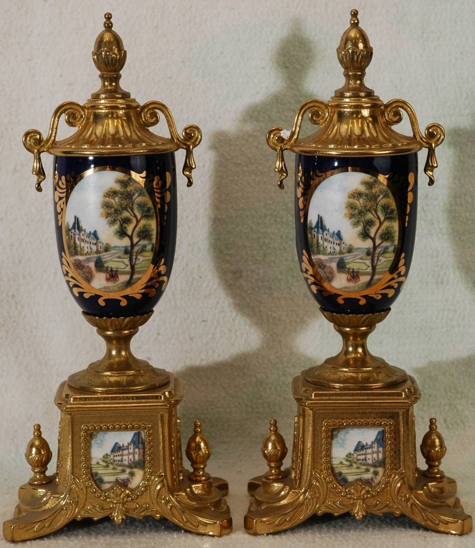 Pair of Italian Porcelain and Brass Sconces on Bra: Pair of porcelain and brass sconces. Made in Italy. Hand painted with goldleaf accents. 13.5"
