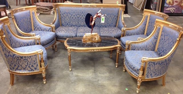 Sofa and Chair Set with Marble Top Coffee Table: Blue upholstered and gold painted wooden three seater sofa 40" x 67", and four matching chairs "40" x 28", and marble topped coffee table 20" x 42".