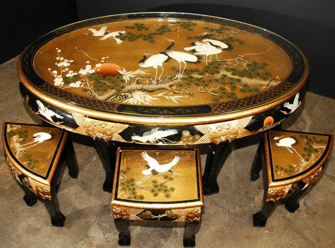 Dark Wood Hand Painted Asian Coffee Table with Six: Hand painted Asian coffee table with six matching chairs in dark wood. 48"
