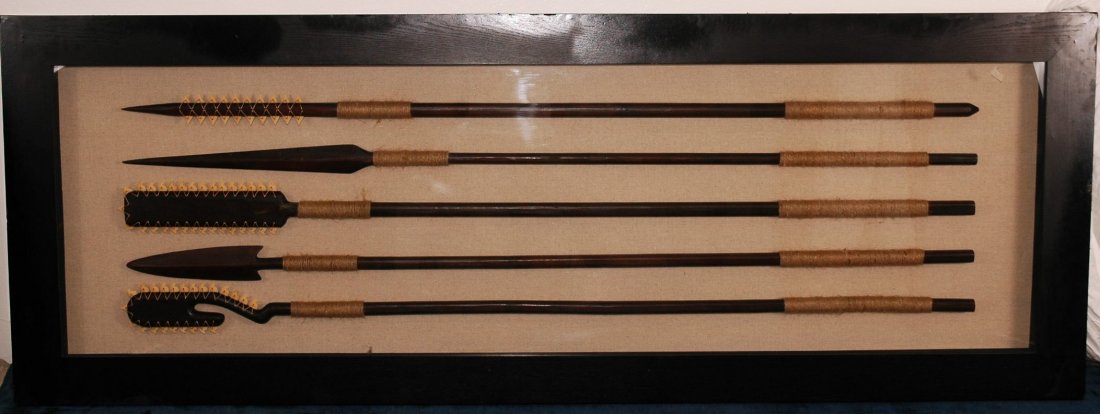 Framed Shark Spears: Large display 3D framed collection of 5 shark spears. Collectors piece. 87"W x 32"H"