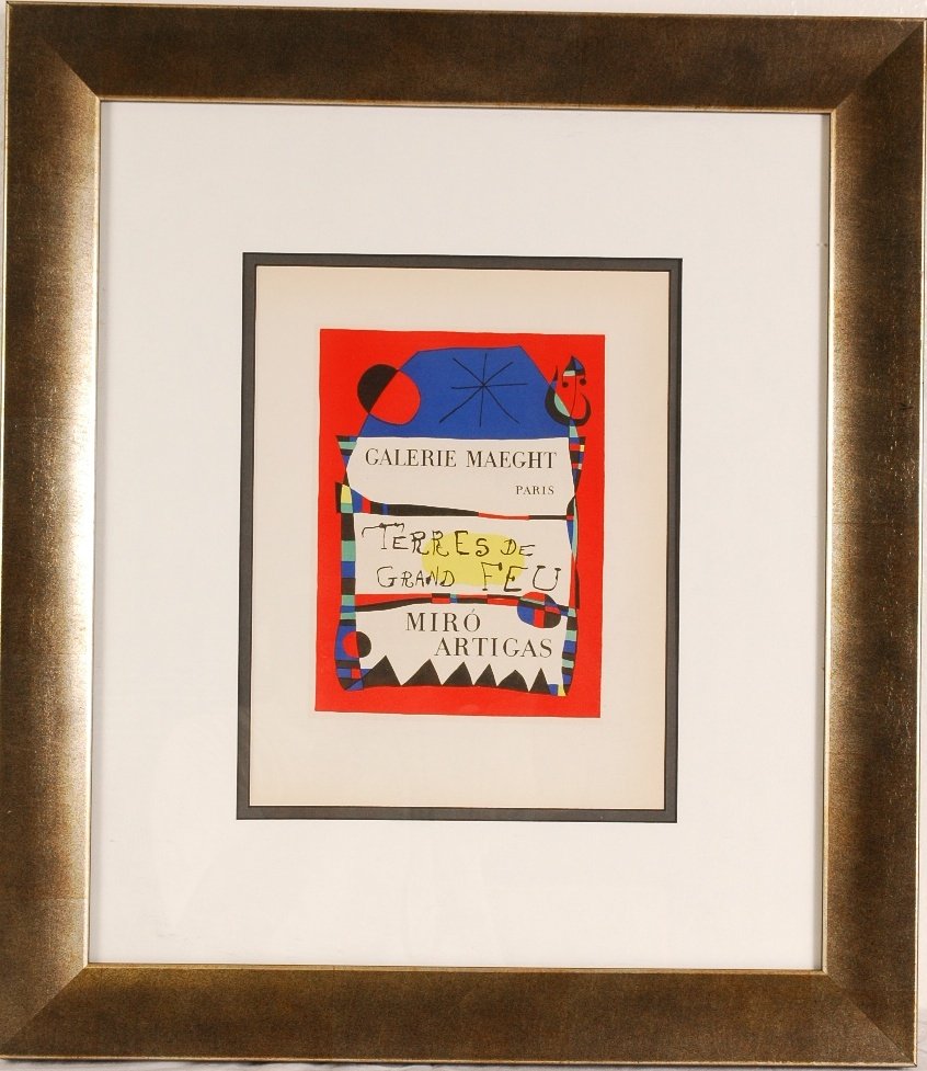 Joan Miro "Terres De Grand Feu": Collectable limited edition litho print. Master plate destroyed Printed in France 1959. COA on back. Framed 20" x 23".