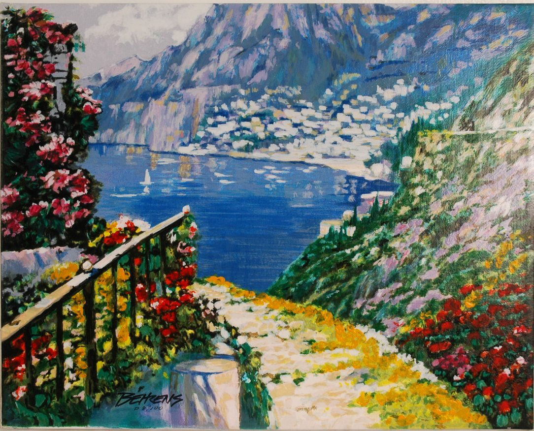 Howard Behrens "The Road to Positano" Hand Signed &: Howard Behrens "The Road to Positano" Hand embellished serigraph on canvas. Hand Signed & Numbered # D8/100. Stretched canvas. 20" x 16"