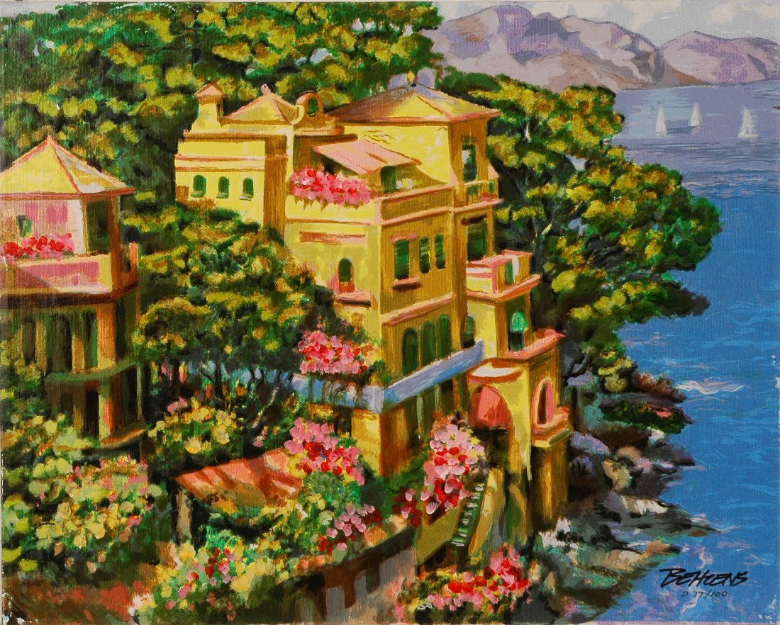 Howard Behrens "VILLA PORTOFINO" SIGNED/# SERIGRAPH: Howard Behrens "Villa Portofino" Hand embellished serigraph on canvas. Hand signed and numbered by the artist. Streched on canvas 20" x 16"