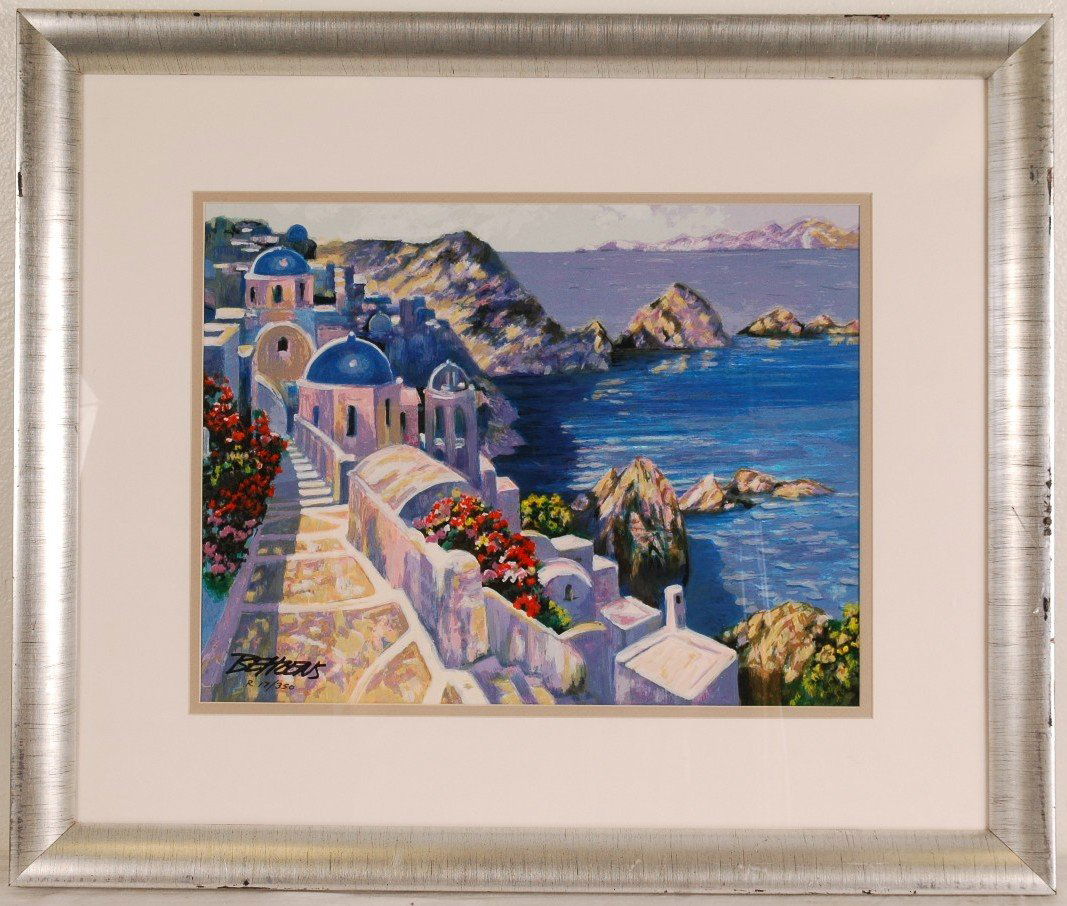Howard Behrens "Santorini Afternoon" Serigraph 26": Signed and numbered 17/350. Framed, minor scratch on frame.