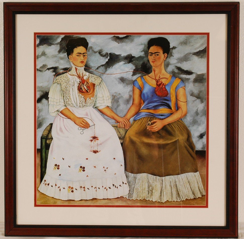 Frida Kahlo "Las Dos Fridas" 24" x 24": Offset lithograph framed.