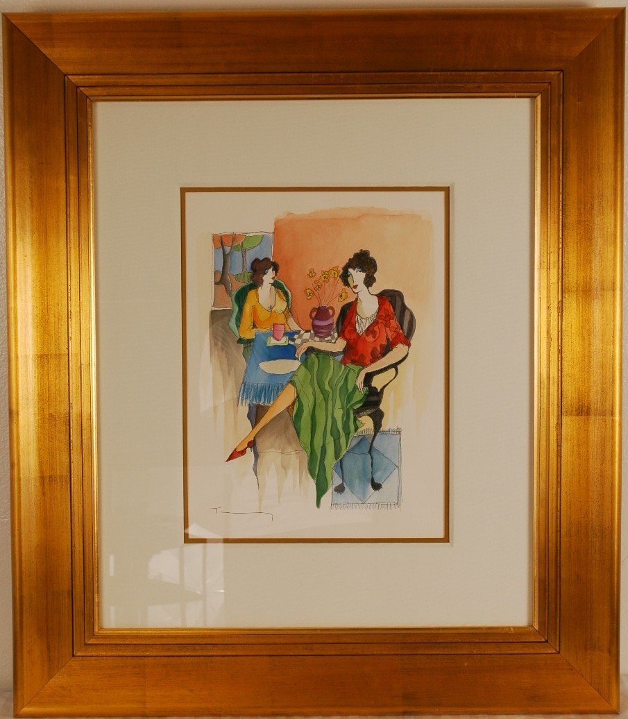 Itzchak Tarkay Original Watercolor: "Tea Time" original watercolor by Itzchak Tarkay, signed by the artist. Framed with gold leaf 27"W x 32"H