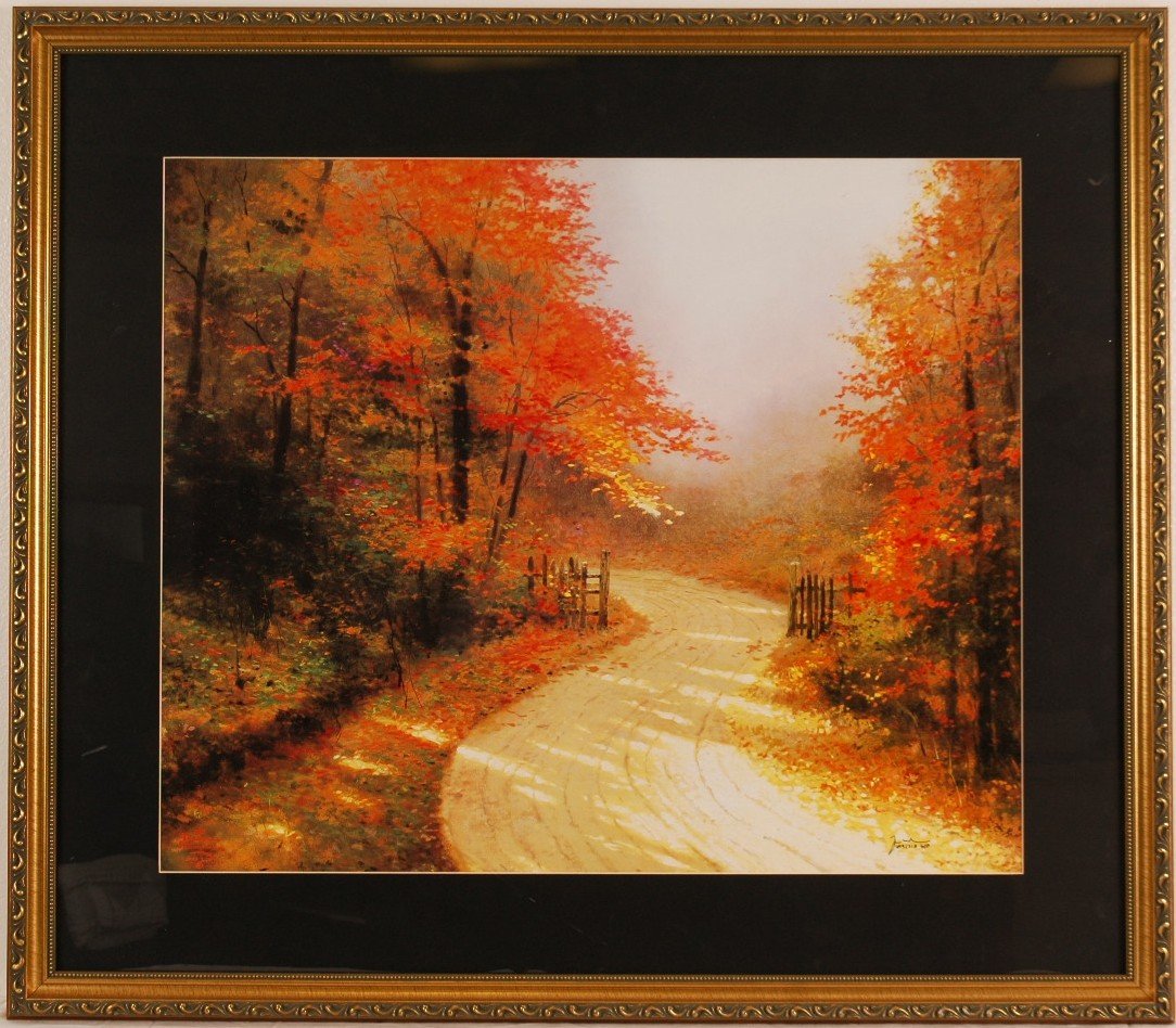 Thomas Kinkade "Autumn Lane" Lithograph on Paper: Thomas Kinkade "Autumn Lane" Limited Edition Lithograph on Paper, hand Signed by the artist lower right , numbered 699/715 GP. It also bears Thomas Kinkade's authorized signature lower left. Framed 32