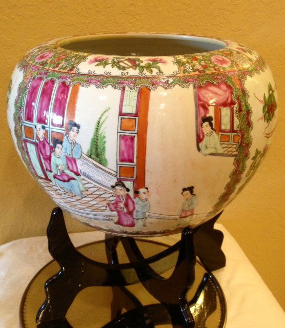 20th Century Rose Canton Fish Bowl: Rare shaped rose canton fishbowl with rounded top. Opening is 9" wide. No chips or cracks. Sold without stand. 15"W x 15"D x 12"H.